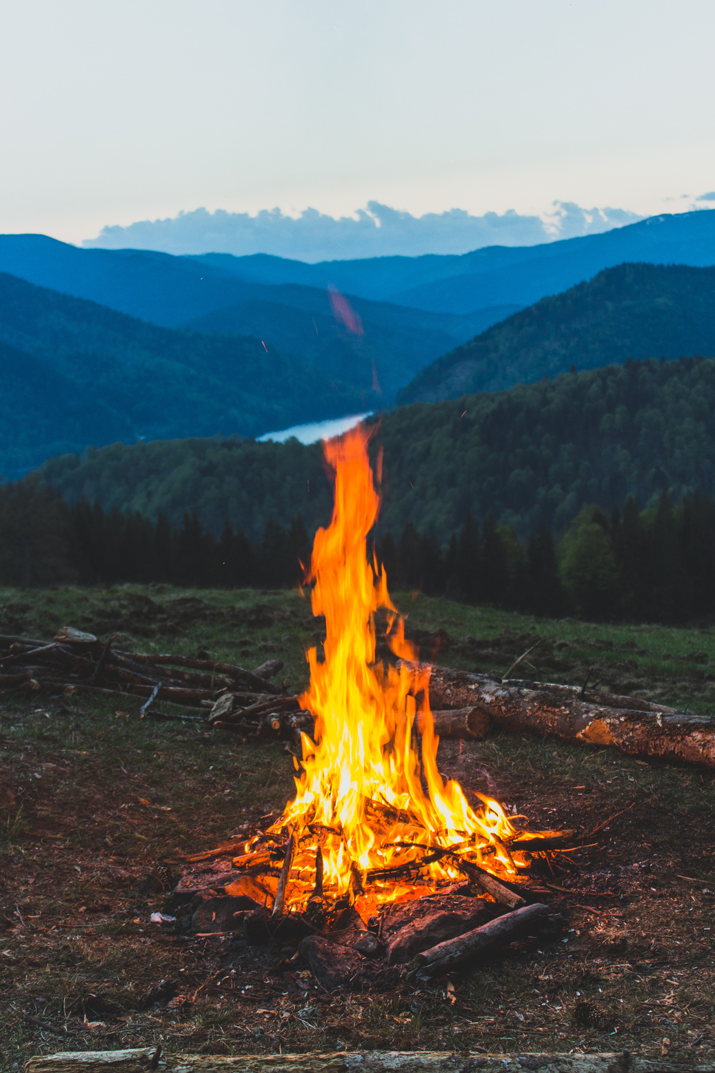 Bonfire Near Grass Field during Dawn